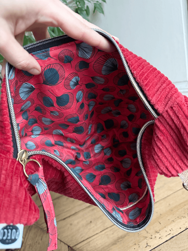 Sac Demi Lune velours côtelé - Rouge - motifs PLUMES