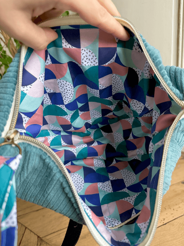 Sac Demi Lune velours côtelé - Bleu Clair - motifs BAUHAUS