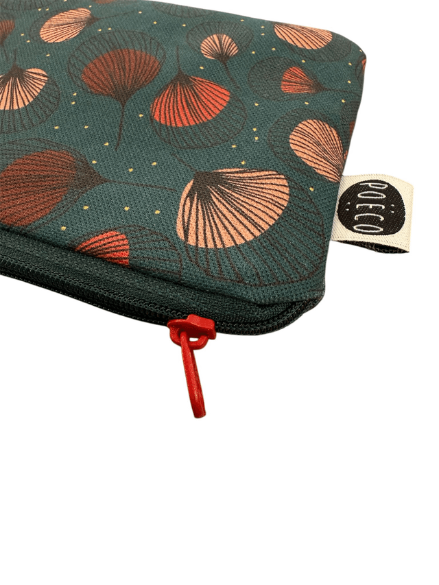 Trousse porte-monnaie -  PLUMES rouges fond vert fonçé