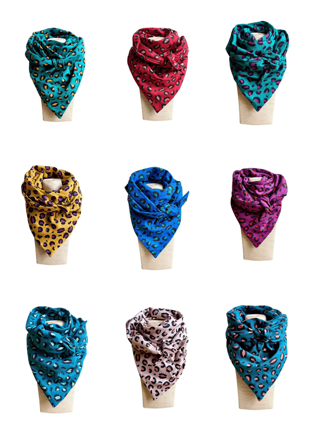 Foulard triangle - LEOPARD prune et jaune