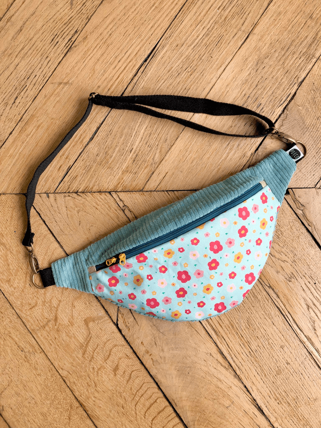 Sac Banane velours côtelé  - FLEURS - vert clair