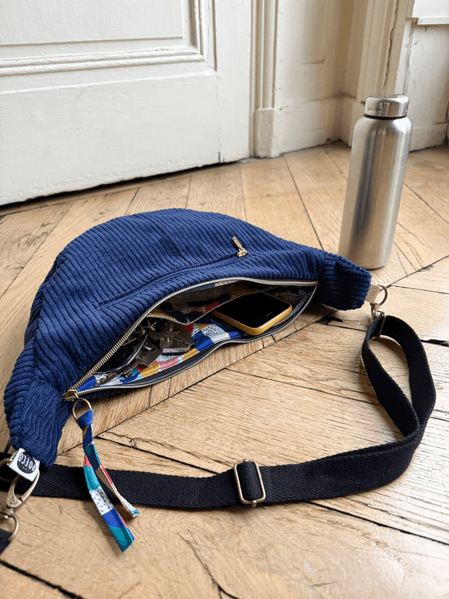 Sac Demi Lune velours côtelé - Bleu Marine - motifs BAUHAUS