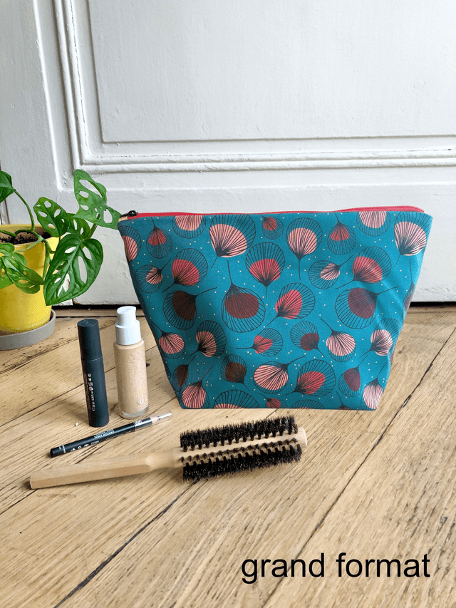 Trousse de toilette - tissu intérieur imperméable - PLUMES rouges fond turquoise