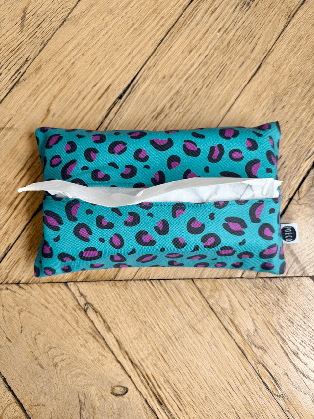Pochette mouchoirs - LEOPARD ( turquoise - prune) 