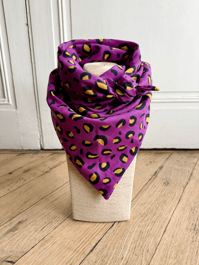 Foulard triangle - LEOPARD prune et jaune