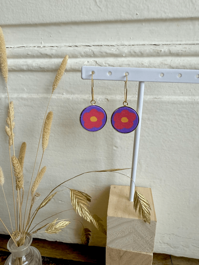 Boucles d'oreilles - CREOLES FLEURS - violet, rouge et jaune