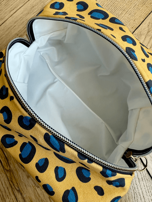 Trousse de toilette carré - tissu intérieur imperméable - LEOPARD velours pétrole + jaune