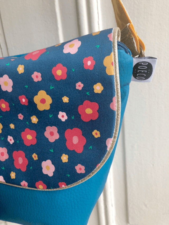 Sac Bandoulière - FLEURS turquoise et intérieur jaune
