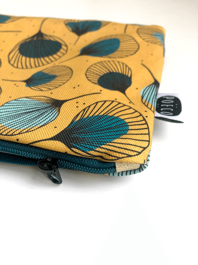 Trousse porte-monnaie - PLUMES vertes fond  jaune