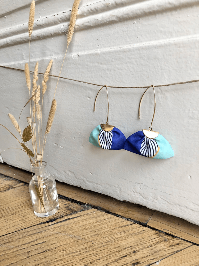 Boucles d'oreilles -  LONGUES RAYEES - bleu vert et jaune