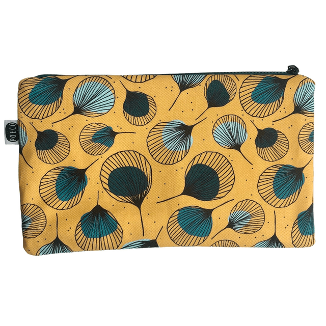 Trousse plate - PLUMES vertes fond  jaune