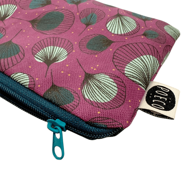 Trousse porte-monnaie -  PLUMES vertes fond prune