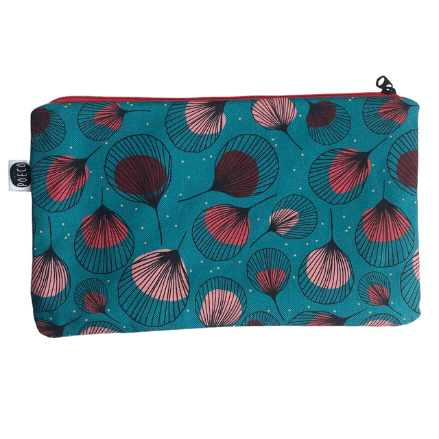 Trousse plate - PLUMES rouges fond vert clair