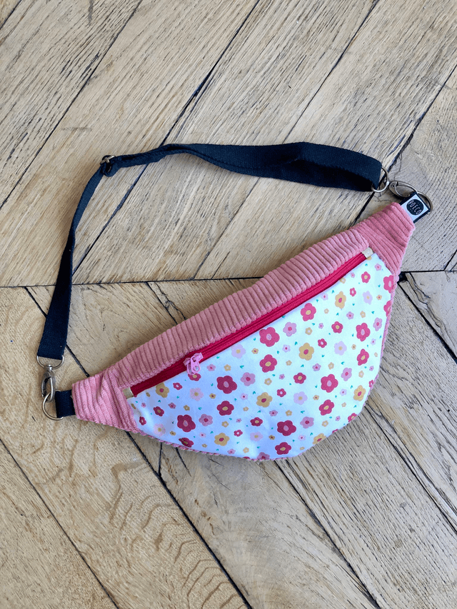 Sac Banane velours côtelé  - FLEURS - rose