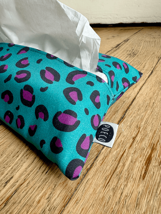 Pochette mouchoirs - LEOPARD ( turquoise - prune) 