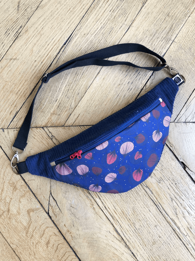 Sac Banane velours côtelé  - PLUMES rouge - bleu marine