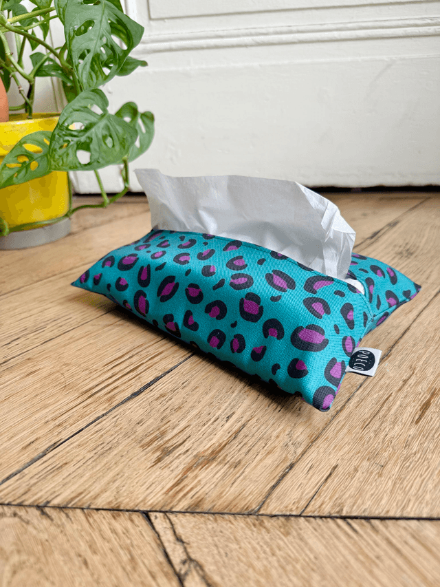 Pochette mouchoirs - LEOPARD ( turquoise - prune) 