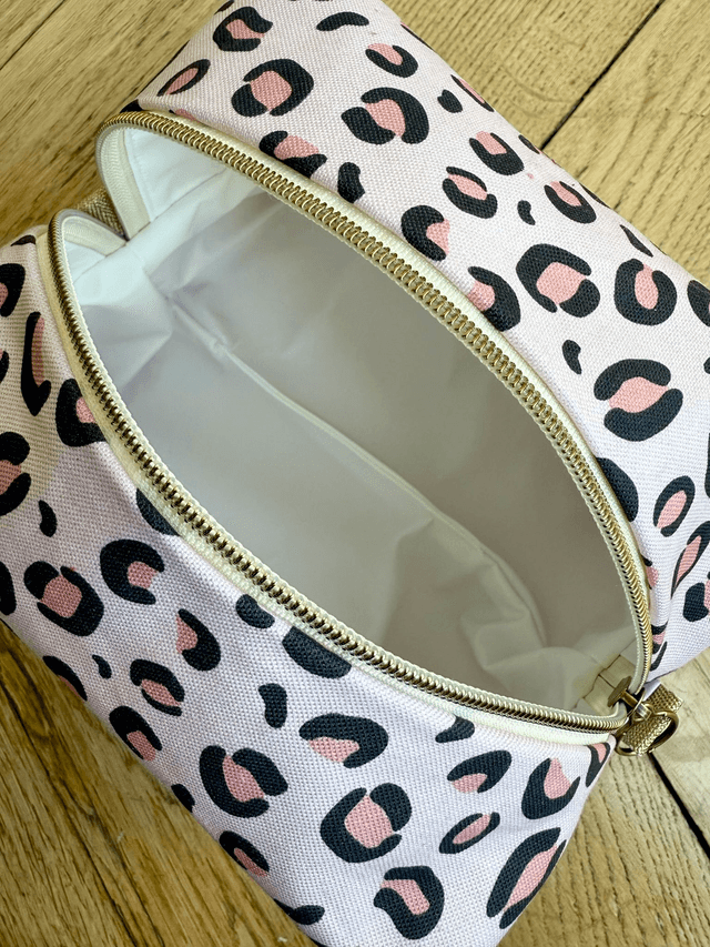 Trousse de toilette carré - tissu intérieur imperméable - LEOPARD velours rose + rose
