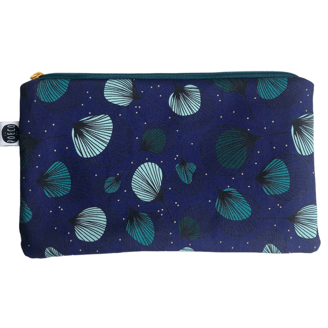 Trousse plate - PLUMES vertes fond bleu marine