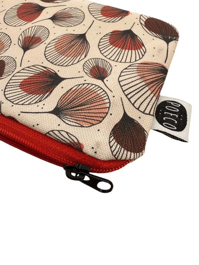 Trousse porte-monnaie -  PLUMES rouges fond rose clair