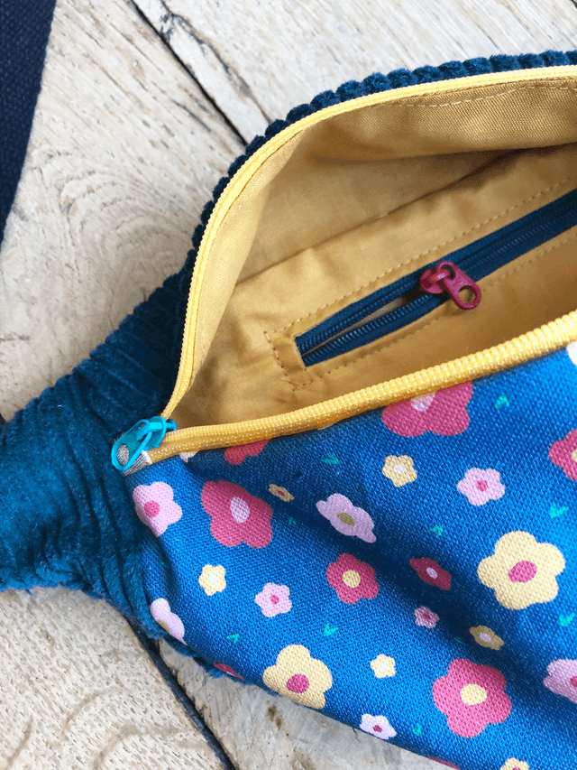 Sac Banane velours côtelé  - FLEURS - bleu pétrole