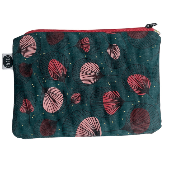 Trousse plate - PLUMES rouges fond vert fonçé