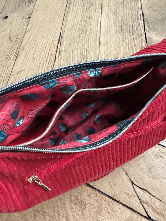 Sac Demi Lune velours côtelé - Rouge - motifs PLUMES
