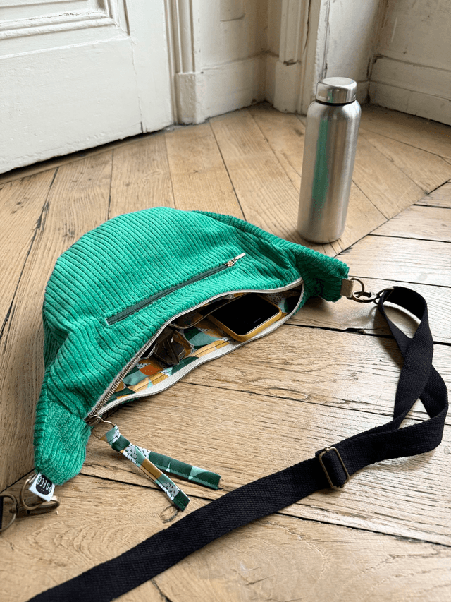 Sac Demi Lune velours côtelé - vert - motifs BAUHAUS