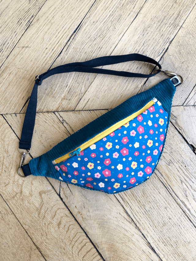 Sac Banane velours côtelé  - FLEURS - bleu pétrole