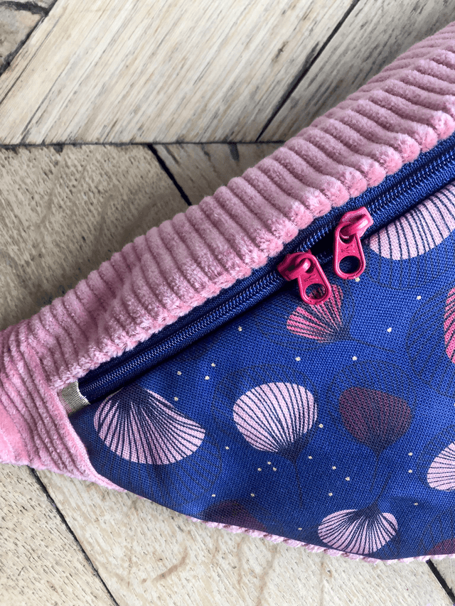Sac Banane velours côtelé  - PLUMES - rose et blau marine