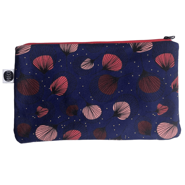 Trousse plate - PLUMES rouges fond bleu marine