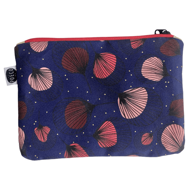 Trousse plate - PLUMES rouges fond bleu marine