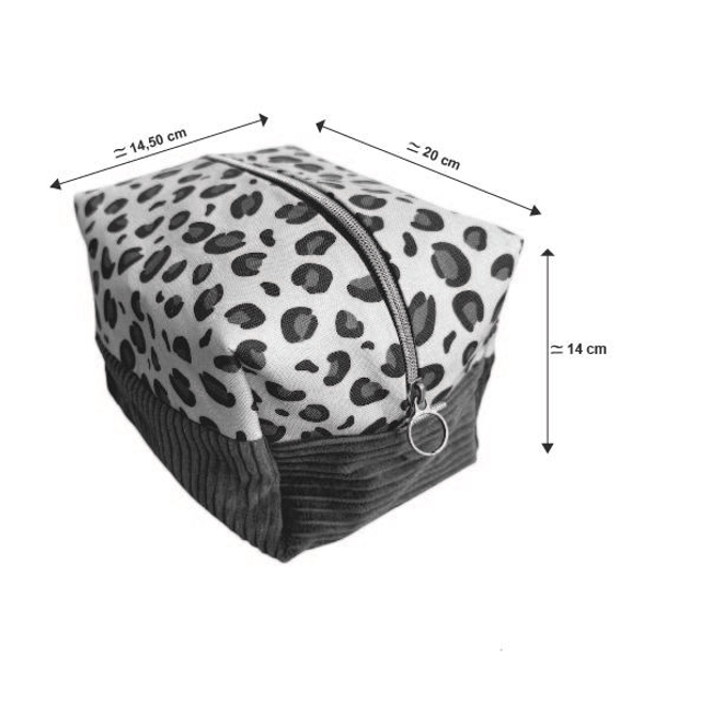 Trousse de toilette carré - tissu intérieur imperméable - LEOPARD velours vert + bleu