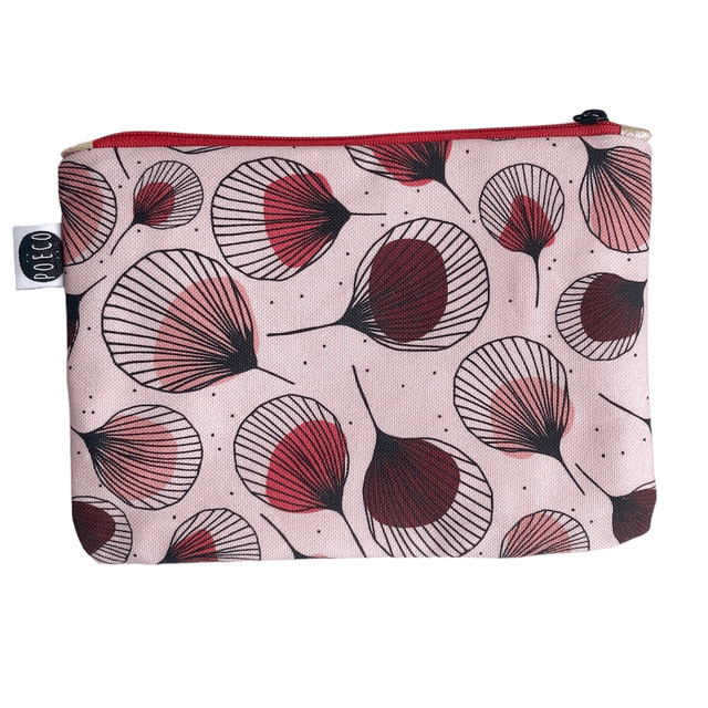 Trousse plate - PLUMES rouges fond rose