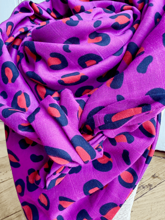 Foulard triangle - LEOPARD prune et rouge