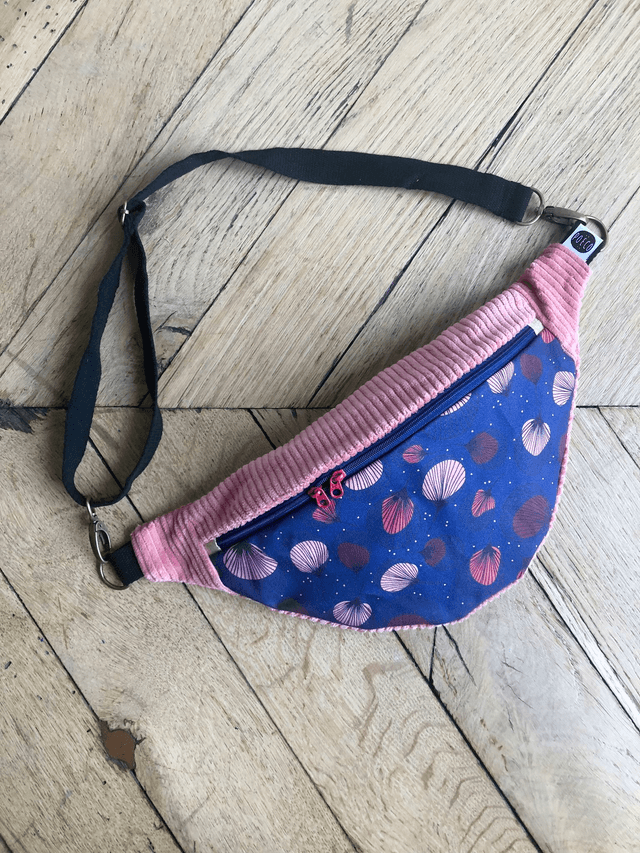 Sac Banane velours côtelé  - PLUMES - rose et blau marine