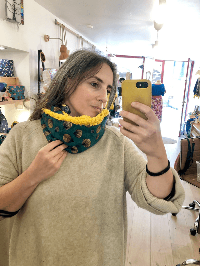 Echarpe double tour Sherpa - PLUMES - vert et jaune