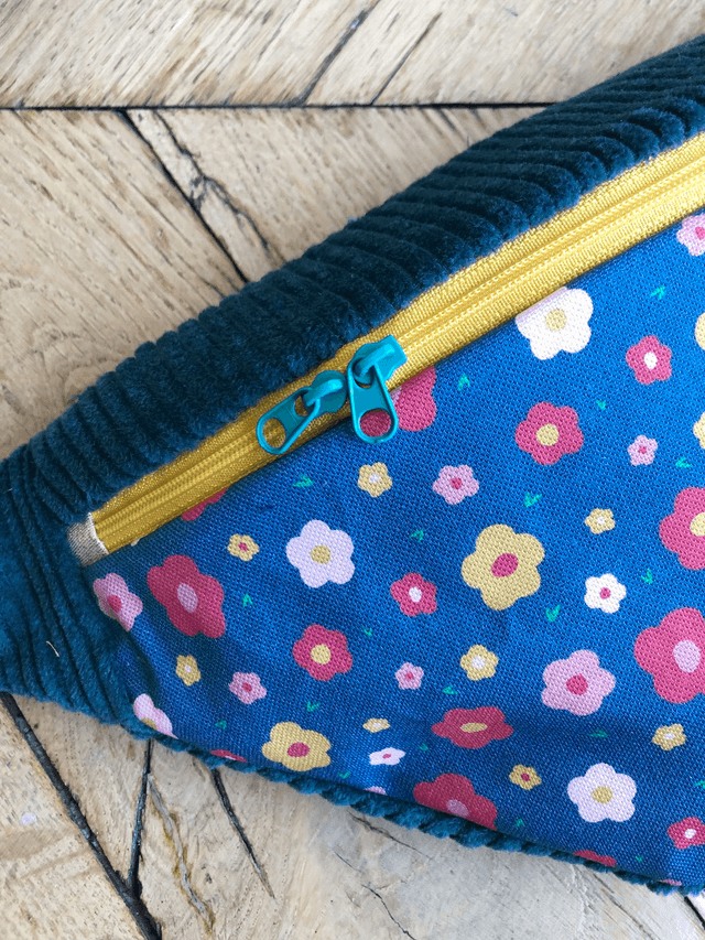 Sac Banane velours côtelé  - FLEURS - bleu pétrole
