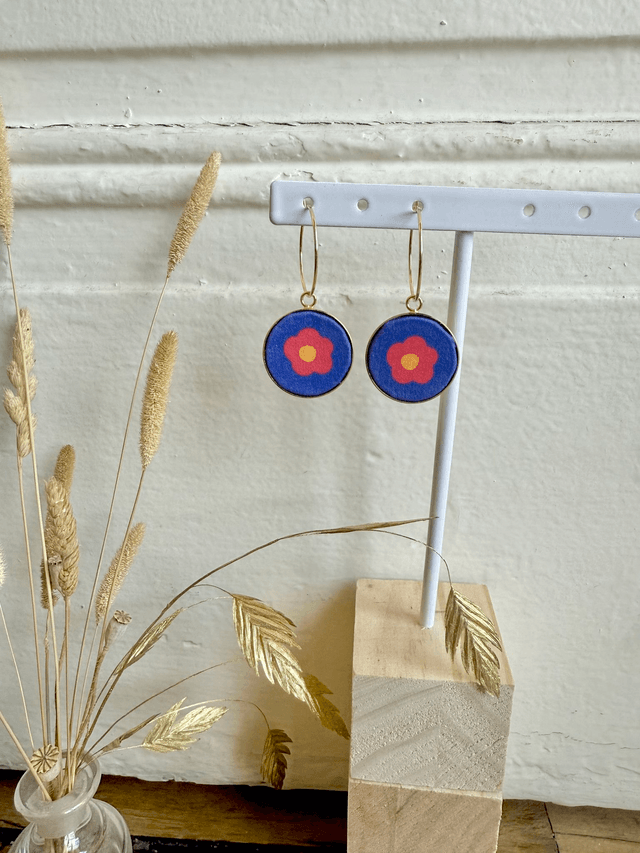 Boucles d'oreilles - CREOLES FLEURS - bleu, rouge et jaune