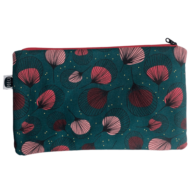 Trousse plate - PLUMES rouges fond vert fonçé