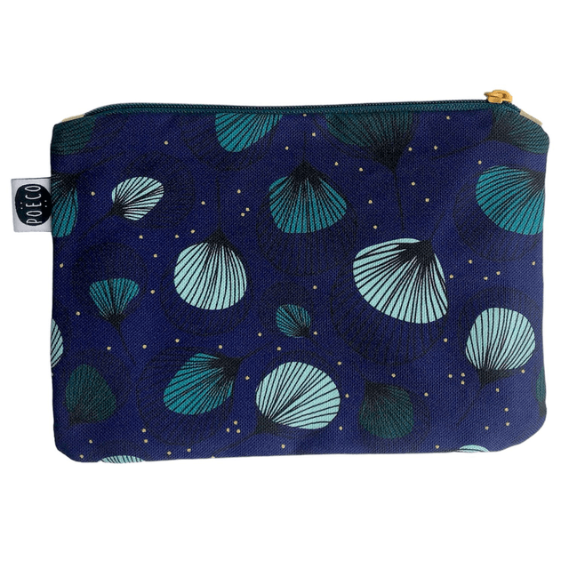 Trousse plate - PLUMES vertes fond bleu marine