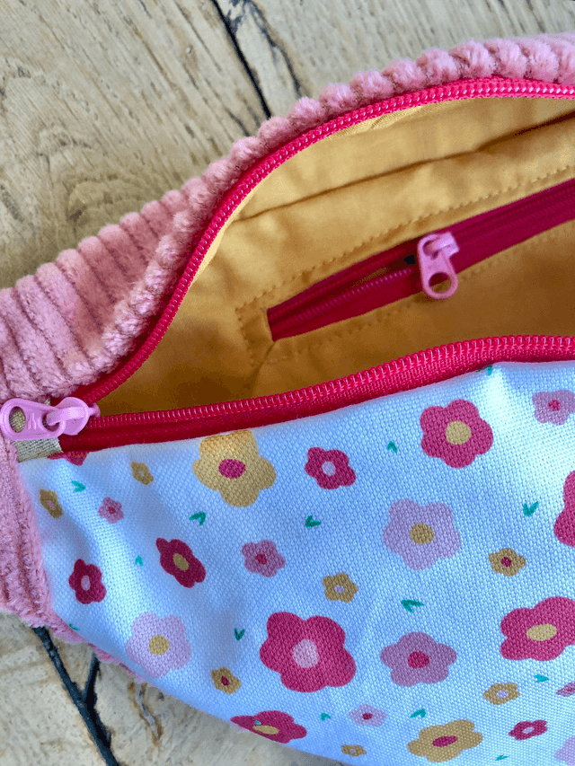 Sac Banane velours côtelé  - FLEURS - rose