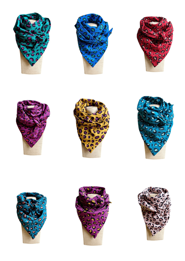Foulard triangle - LEOPARD turquoise et jaune