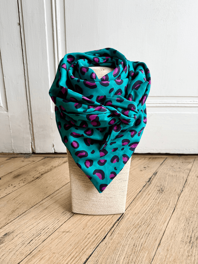 Foulard triangle - LEOPARD turquoise et prune