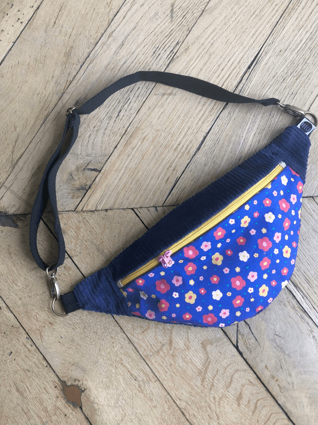 Sac Banane velours côtelé  - FLEURS - bleu marine