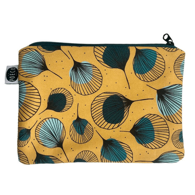 Trousse plate - PLUMES vertes fond  jaune