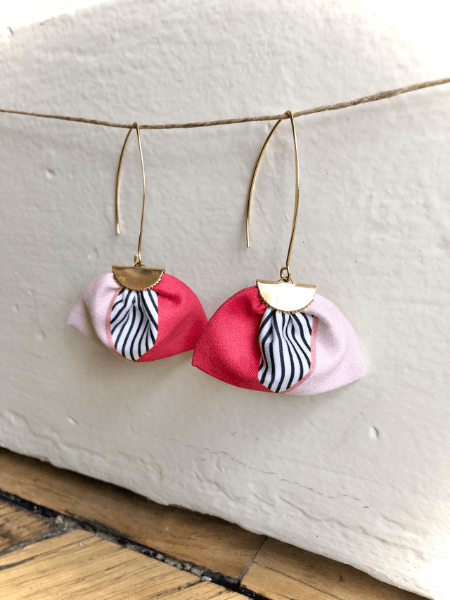 Boucles d&#039;oreilles -  LONGUES RAYEES - rouge et rose