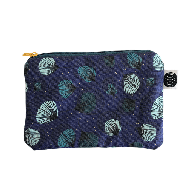 Trousse porte monnaie  - PLUMES rouges fond bleu marine