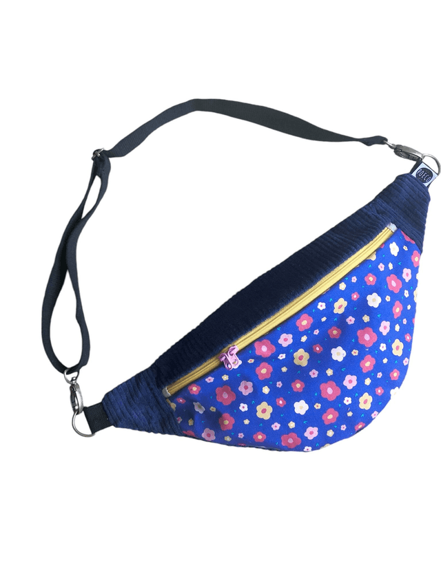 Sac Banane velours côtelé  - FLEURS - bleu marine