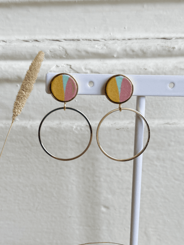 Boucles d&#039;oreilles - PUCERING BAUHAUS- jaune, vert et rose